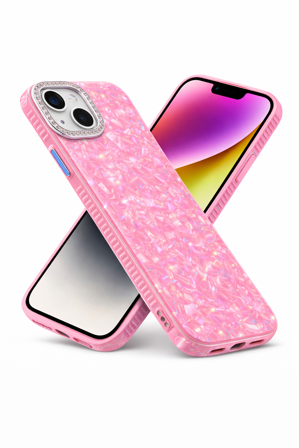 Premium Bling Crystal Camera Ring Glossy Pink Designer Back Cover for iPhone 13 14 Shockproof