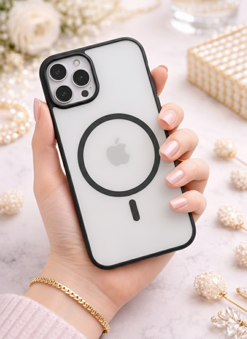 Transparent Matte Back Cover For iPhone 16 Pro With Black Bumper Shockproof Camera Protection MagSafe Design