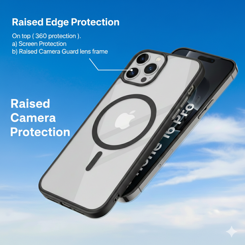 Transparent Matte Back Cover For iPhone 16 Pro With Black Bumper Shockproof Camera Protection MagSafe Design