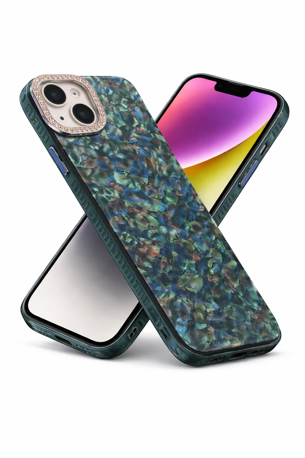 Premium Bling Crystal Camera Ring Glossy Pink Designer Back Cover for iPhone 13 14 Shockproof