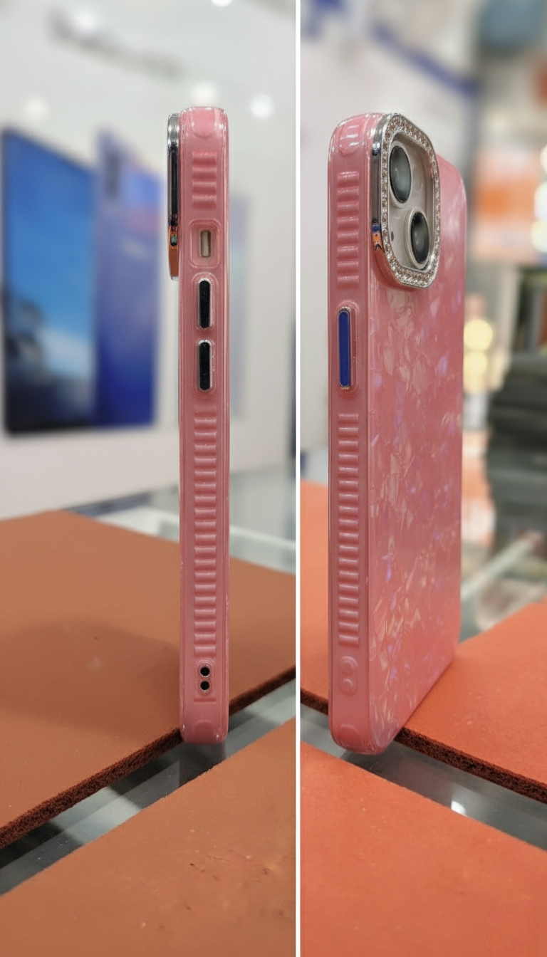 Premium Bling Crystal Camera Ring Glossy Pink Designer Back Cover for iPhone 13 14 Shockproof