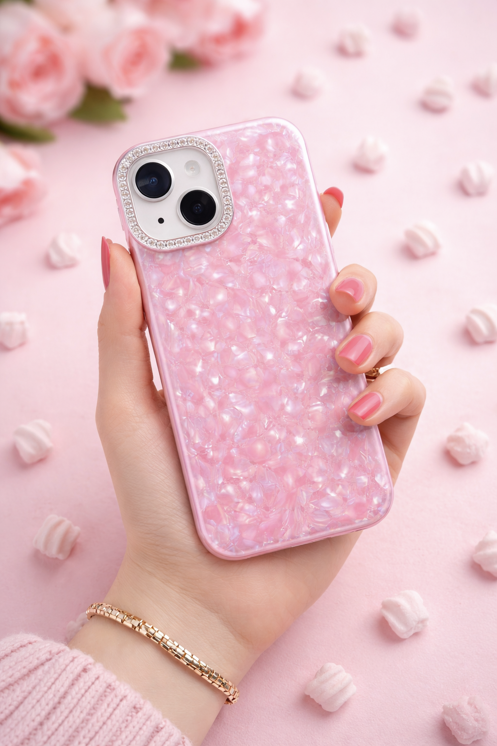 Premium Bling Crystal Camera Ring Glossy Pink Designer Back Cover for iPhone 13 14 Shockproof