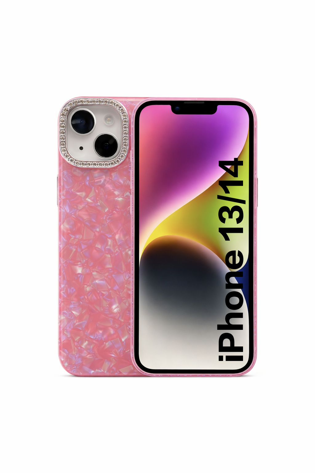 Premium Bling Crystal Camera Ring Glossy Pink Designer Back Cover for iPhone 13 14 Shockproof
