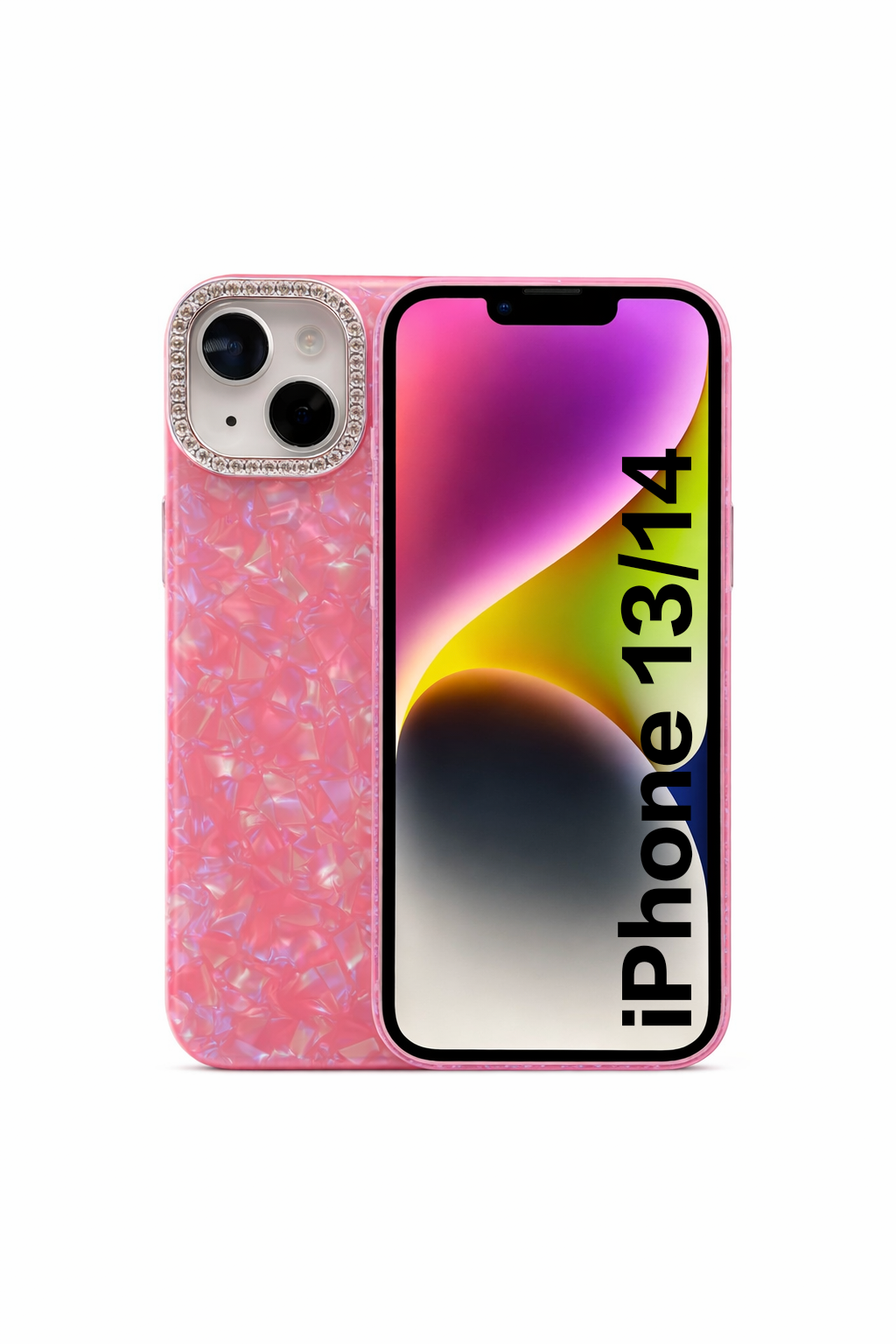 Premium Bling Crystal Camera Ring Glossy Pink Designer Back Cover for iPhone 13 14 Shockproof