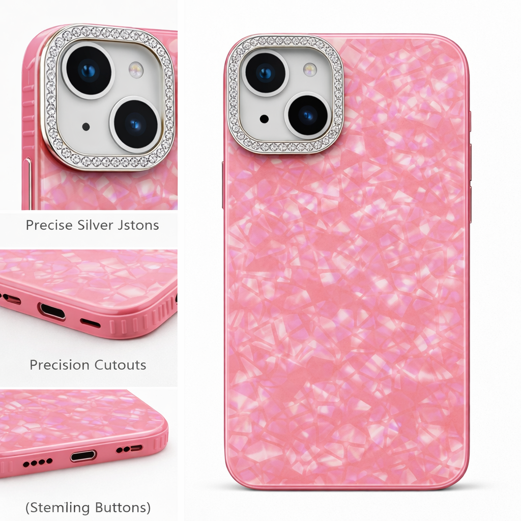 Premium Bling Crystal Camera Ring Glossy Pink Designer Back Cover for iPhone 13 14 Shockproof